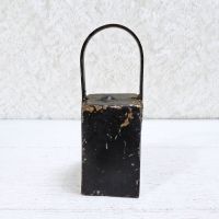 Vintage handmade welded metal cow bell with nut clapper and chipped black paint. Loud ring: Back - Click to enlarge
