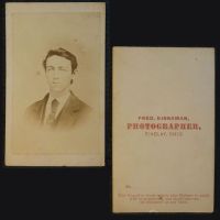 Antique CDV Carte De Visite: Clean shaven man from the shoulder area up sporting a long knot tie with tie pin and jacket: Front and Back View - Click to enlarge