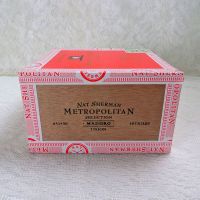 Nat Sherman Metro empty wood cigar box with brightly colored orange and white paper lined lid and edges: Right Side View - Click to enlarge