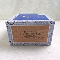 Nat Sherman Small Empty Wood Cigar Box Blue Trim - Click to enlarge