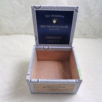 Nat Sherman Small Empty Wood Cigar Box Blue Trim - Click to enlarge